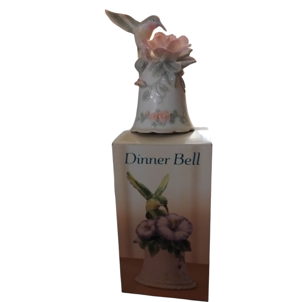 Hummingbird Dinner Bell White & Rose- Green Floral Accents Porcelain Collectible